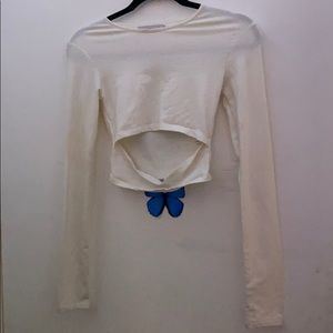 White Long Sleeve Front Cut Out Crop Top